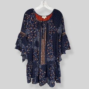 Umgee Size Small Blue Rust Ruffle Boho Tulip Sleeve Relaxed Fit Ranch Festival